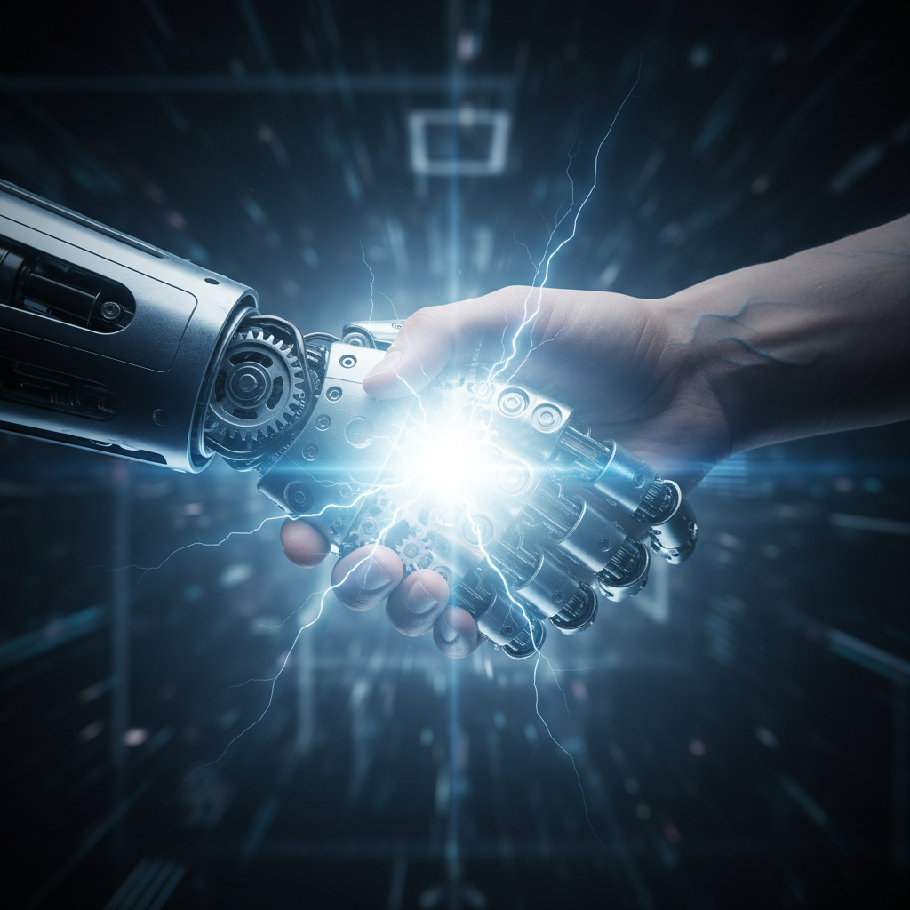 Una mano humana y una mano robótica metálica con engranajes visibles se estrechan, generando una brillante descarga de energía eléctrica azul y chispas en el punto de contacto.
