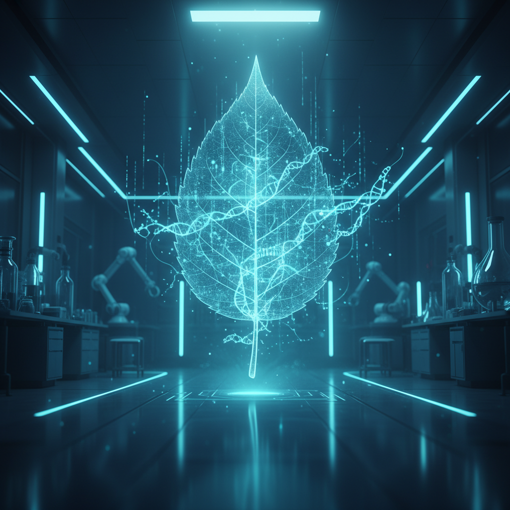 Representación holográfica azul brillante de una hoja con detalles de venas y estructuras de ADN entrelazadas, flotando en el centro de un laboratorio futurista con mesas, material de vidrio y brazos robóticos.