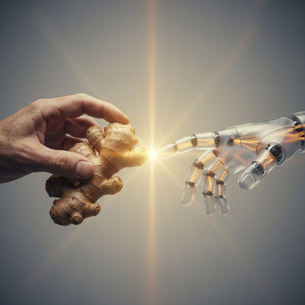 Una mano humana sostiene una raíz de jengibre y una mano robótica transparente la toca con el dedo índice, creando un destello de luz.