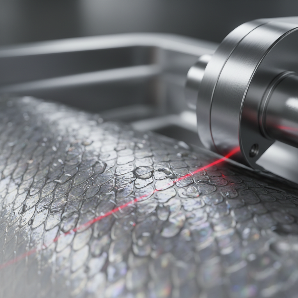 Primer plano de la piel escamosa y húmeda de un pescado, con gotas de agua, siendo escaneada por un rayo láser rojo que proviene de un mecanismo metálico industrial.