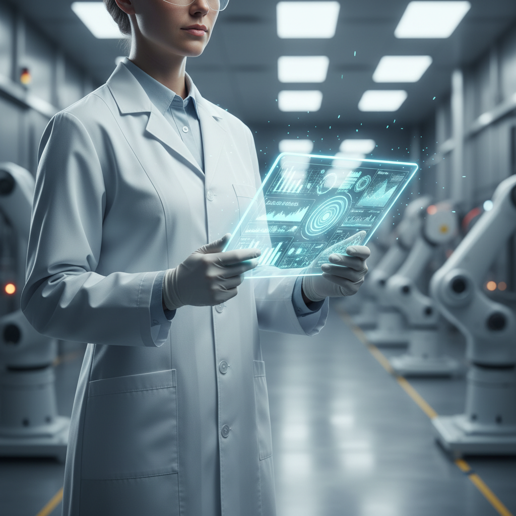 Mujer con bata de laboratorio, guantes y gafas de seguridad, sosteniendo una tableta holográfica con gráficos y datos, en un entorno industrial con brazos robóticos.