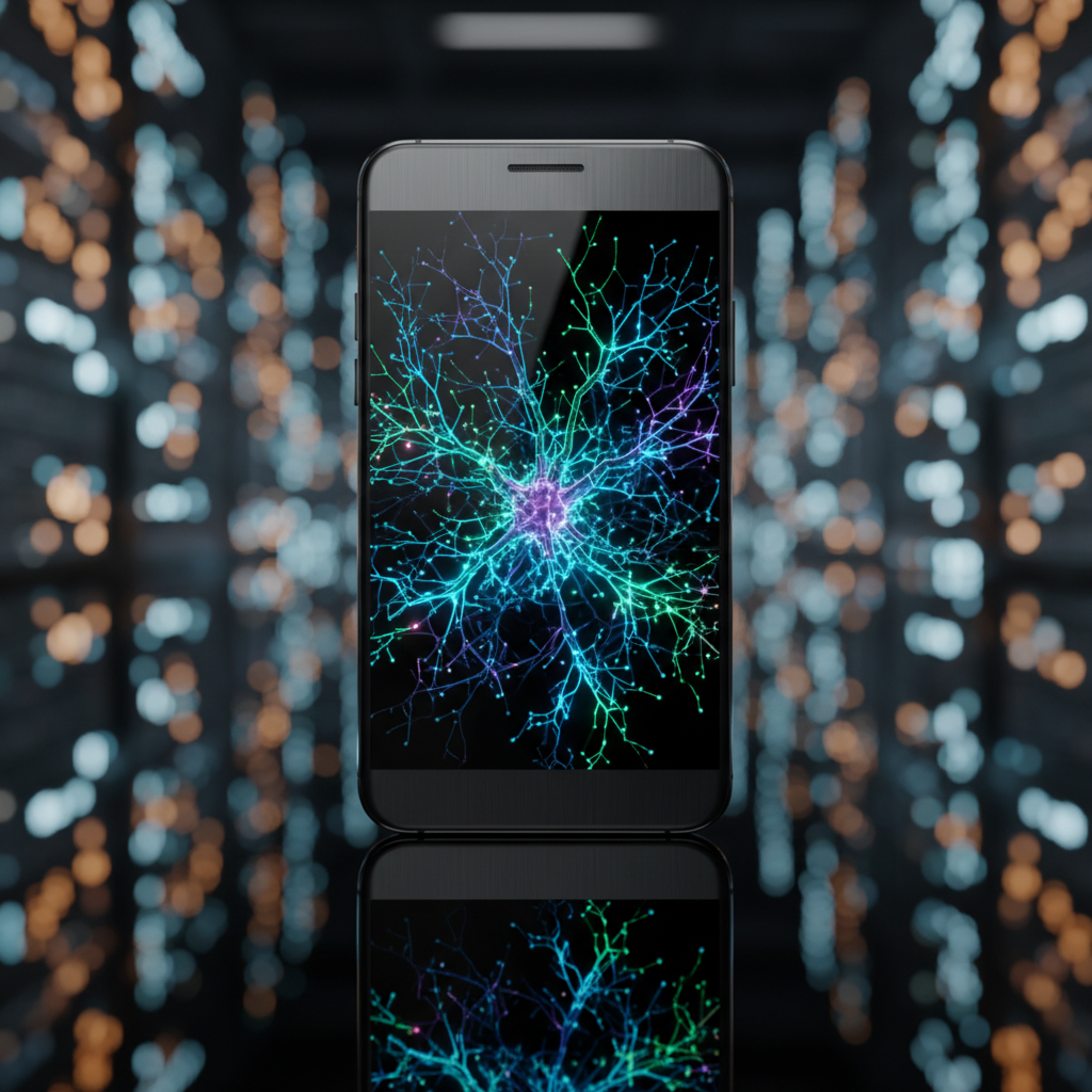 Un smartphone muestra en su pantalla una red neuronal vibrante con ramas luminosas en tonos azules, verdes y morados. El fondo borroso presenta un centro de datos con luces bokeh de servidores, y el teléfono se refleja en una superficie oscura.