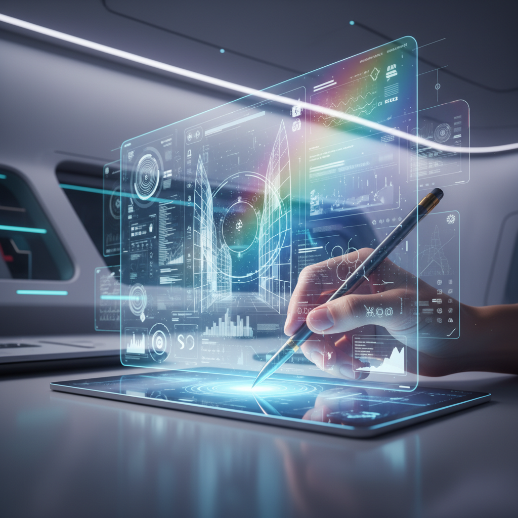 Una mano sostiene un lápiz digital sobre una tablet, activando una compleja interfaz holográfica azul con gráficos de datos, diseños de edificios y elementos tecnológicos. El fondo muestra un interior moderno y luminoso.