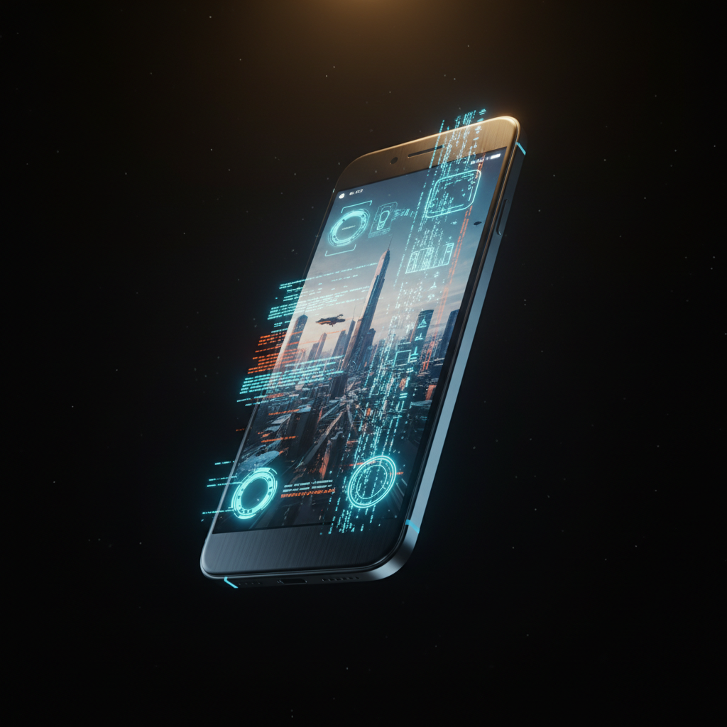 Un smartphone oscuro flotando en un espacio oscuro, con su pantalla mostrando una ciudad futurista y superposiciones de datos digitales holográficos en tonos azules y naranjas.