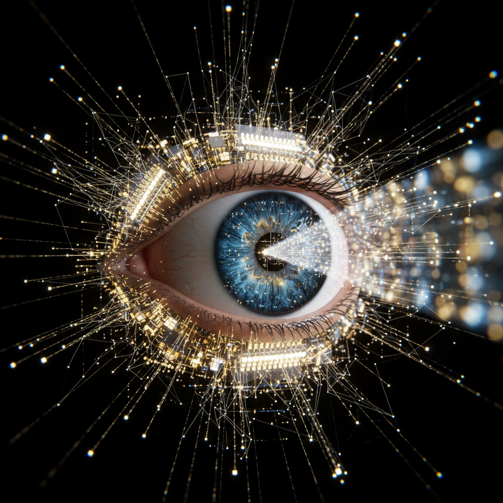 Ojo humano con iris azul rodeado de circuitos electrónicos y una explosión de partículas de luz dorada, con un haz de información digital proyectándose desde la pupila.