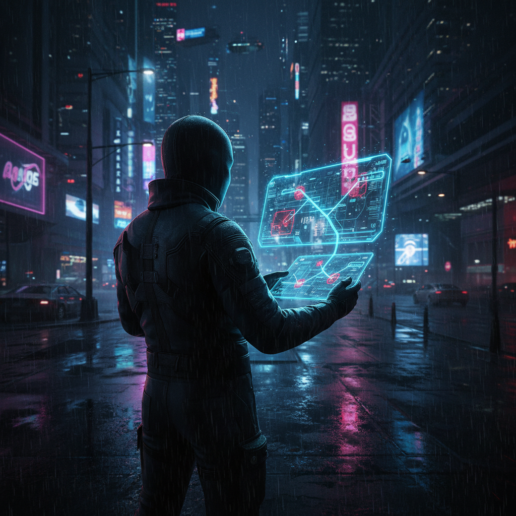 Persona encapuchada vestida de oscuro viendo dos pantallas holográficas azules con datos, en una calle de ciudad futurista y lluviosa con edificios de neón.