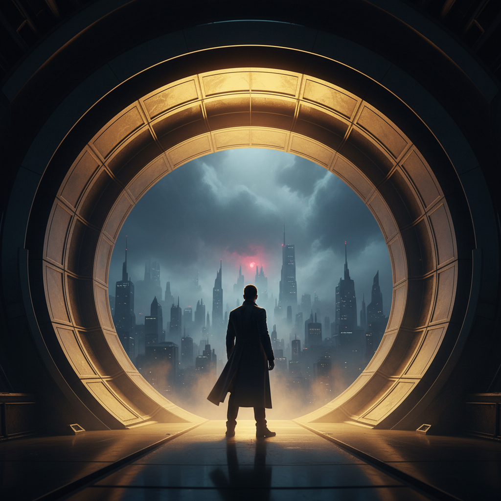 Un hombre con gabardina está de espaldas, mirando a través de una gran abertura circular iluminada hacia una ciudad futurista con rascacielos bajo un cielo oscuro y nublado, con un brillo rojizo en el horizonte.