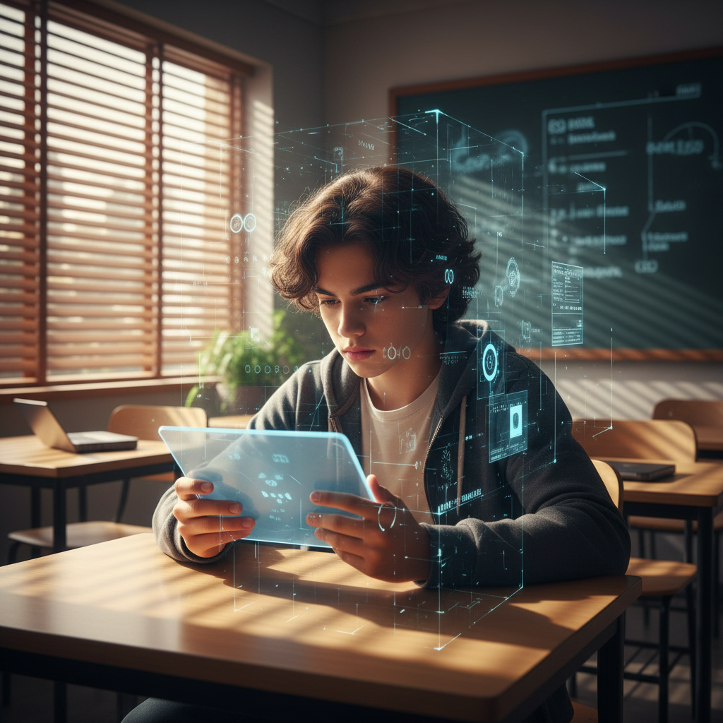 Joven estudiante en un aula moderna, concentrado en una tableta transparente que muestra una interfaz de realidad aumentada con datos y gráficos digitales. Elementos holográficos flotan alrededor del estudiante y se ven diagramas técnicos en la pizarra del fondo.