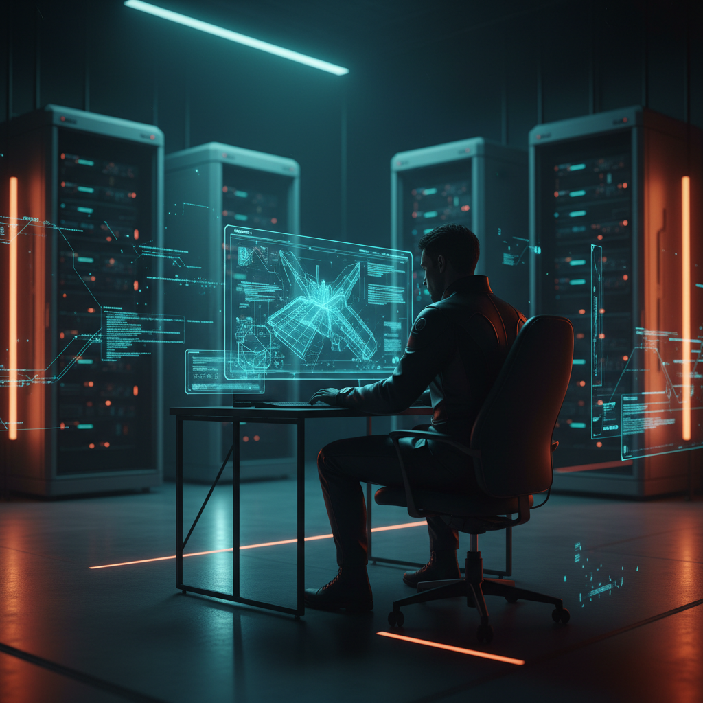 Hombre sentado en un escritorio frente a una pantalla holográfica transparente que muestra el diseño de una aeronave futurista y código en una sala de servidores con iluminación de neón.