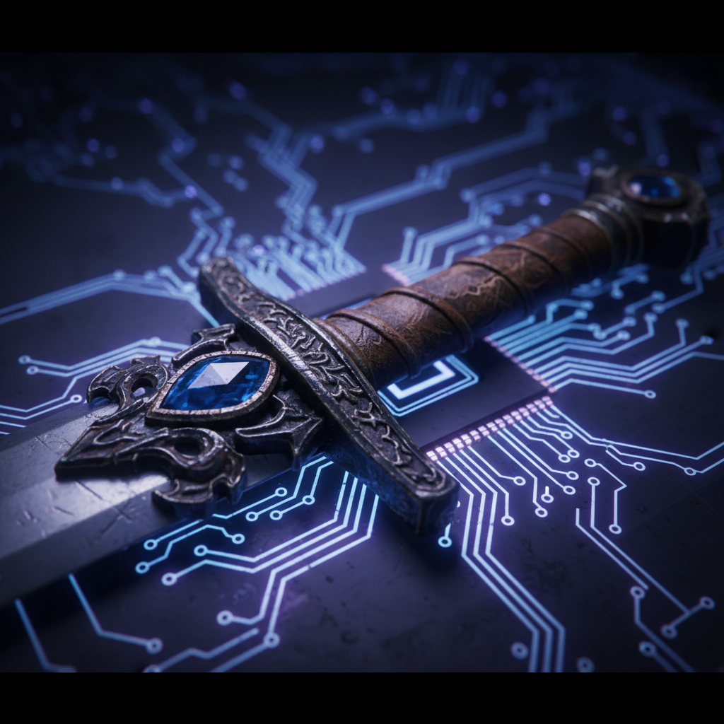 Espada de fantasía con empuñadura ornamentada y gemas azules incrustadas, apoyada sobre un fondo oscuro que simula un circuito electrónico brillante de color azul.