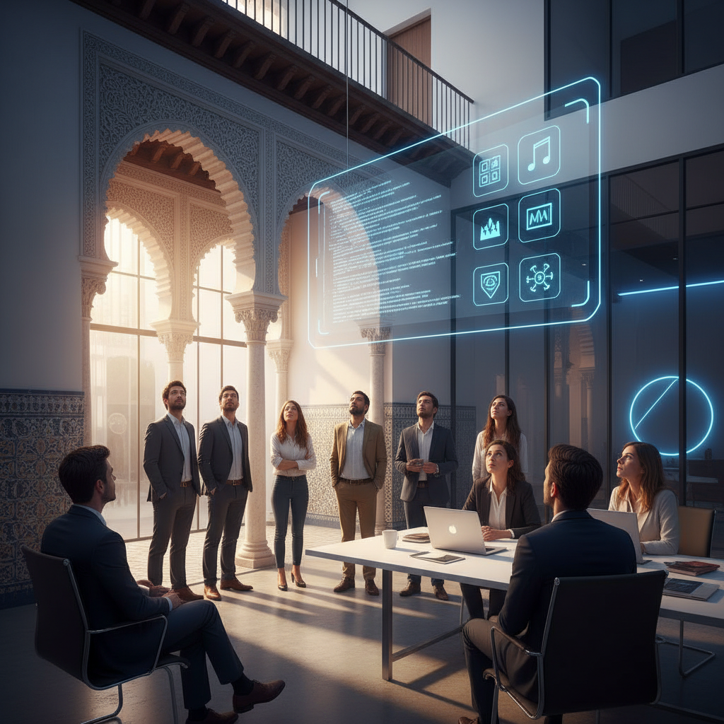 Cinematic wide shot, interior of a modern co-working space in Córdoba blended with traditional architecture. A diverse group of people looking at a floating holographic interface displaying complex code vs simple icons. The lighting contrasts warm sunlight with cool digital blue neon. High detail, photorealistic, 8k resolution, depth of field focusing on the human expression of curiosity mixed with confusion.