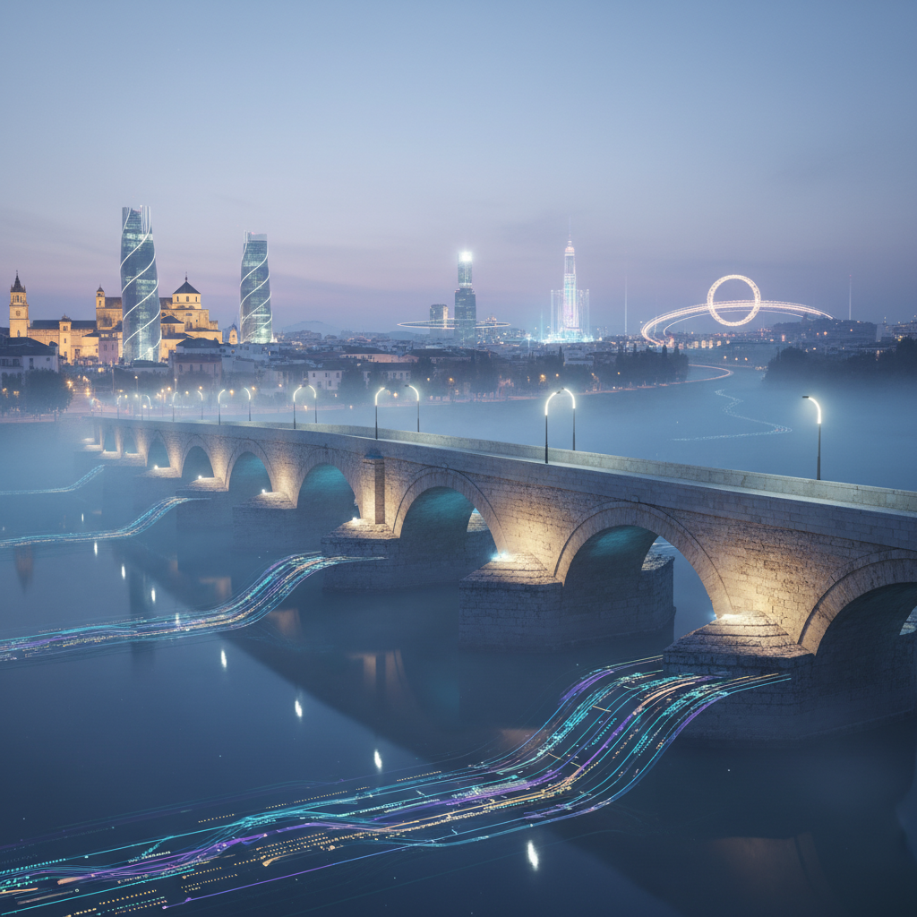 Puente de piedra histórico iluminado sobre un río brumoso, con flujos de datos digitales luminosos de colores en el agua, y un horizonte urbano que combina edificios antiguos con modernos rascacielos futuristas.