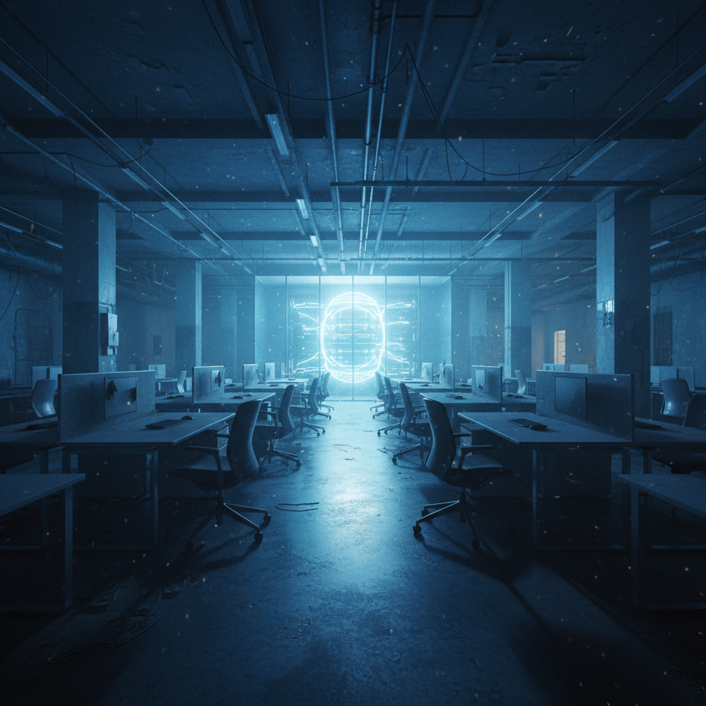 Gran oficina de estilo industrial y oscuro con filas de escritorios y sillas vacías. Al fondo, destaca una brillante esfera holográfica de luz azul con patrones de circuitos.