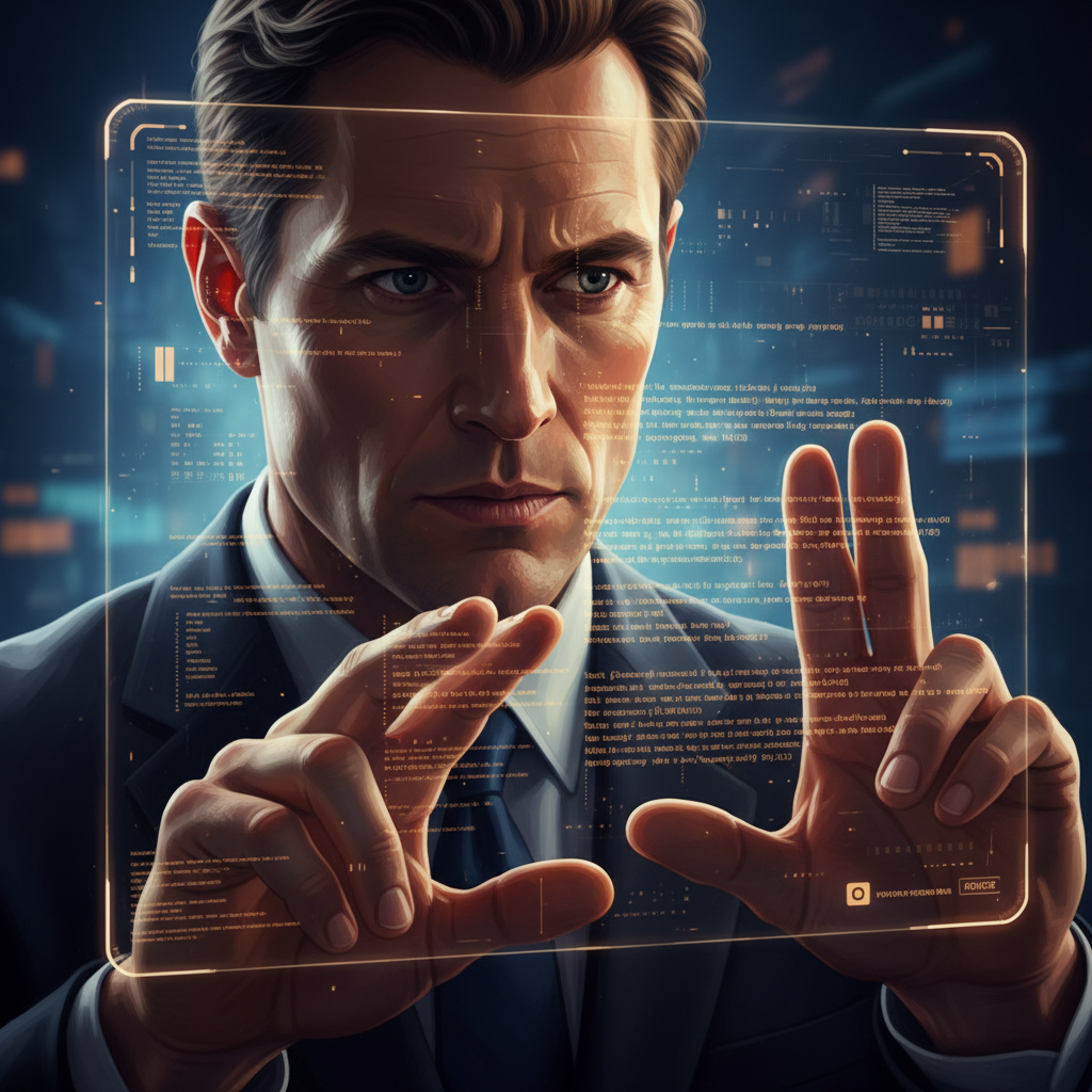 Hombre con traje oscuro, con expresión seria, interactuando con una pantalla holográfica transparente que muestra código y datos, manipulando la interfaz virtual con sus manos.