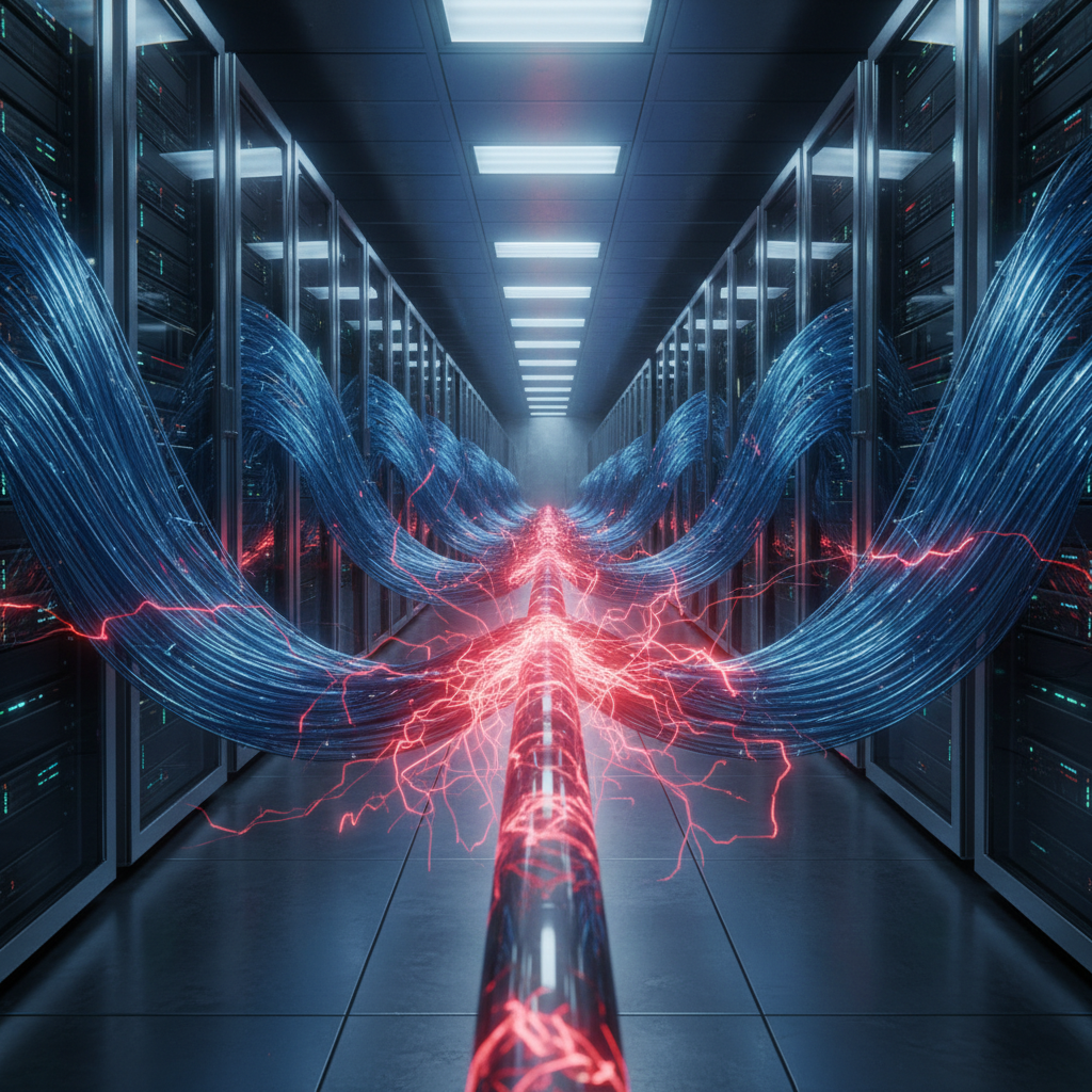 Pasillo de un centro de datos con filas de servidores a ambos lados. Múltiples haces de cables azules se curvan desde los racks hacia un conducto central transparente, de donde irradian intensos destellos eléctricos rojos que representan un flujo de datos de alta velocidad.