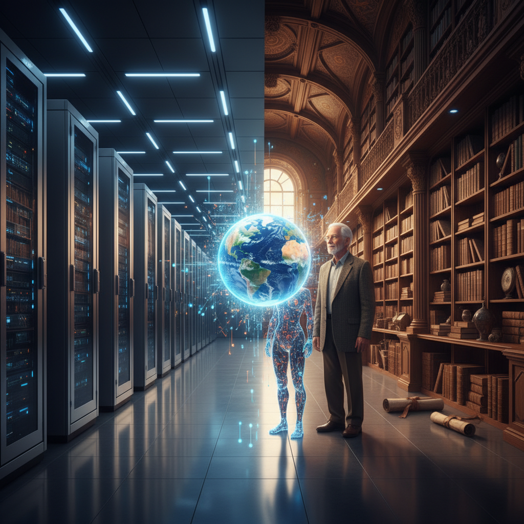 Una imagen partida por la mitad: la izquierda es un centro de datos moderno con servidores iluminados en azul, y la derecha es una biblioteca clásica con estanterías de madera. En el centro, una Tierra holográfica azul flota sobre una figura humana digital, con un hombre mayor a su lado mirando hacia el centro de datos.