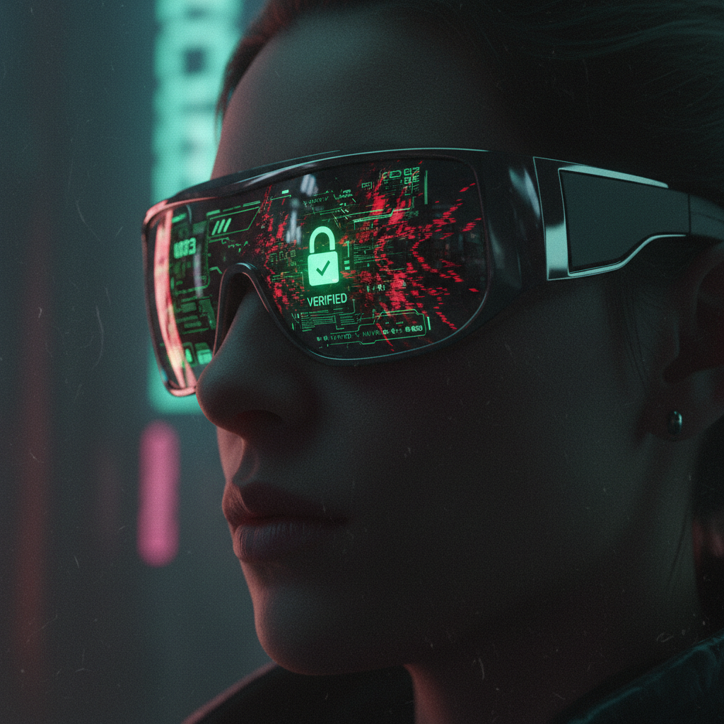 Primer plano de una persona usando gafas de realidad aumentada que muestran una pantalla digital con un icono de candado verde 'VERIFIED' y patrones de circuito.