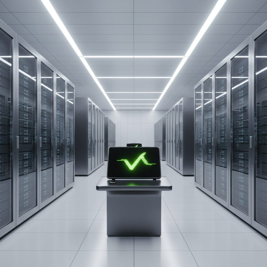 Un centro de datos moderno y bien iluminado con pasillos de servidores a ambos lados. En el centro, una consola con un monitor muestra un gráfico verde brillante de rendimiento o actividad.