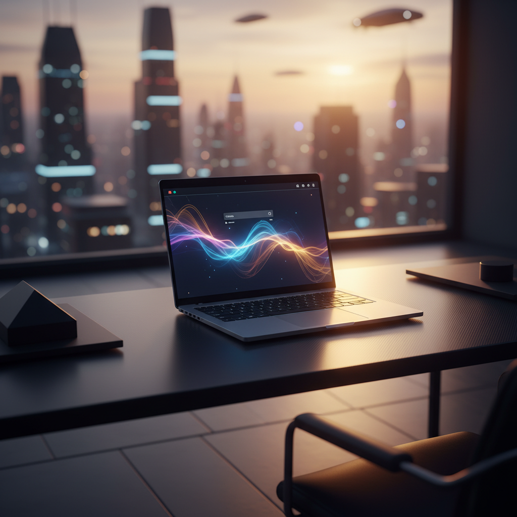 Un portátil moderno abierto sobre un escritorio oscuro en una oficina con grandes ventanales. La pantalla del portátil muestra una visualización de formas de onda abstractas y vibrantes. Al fondo, se aprecia un paisaje urbano futurista con rascacielos y vehículos voladores al atardecer.
