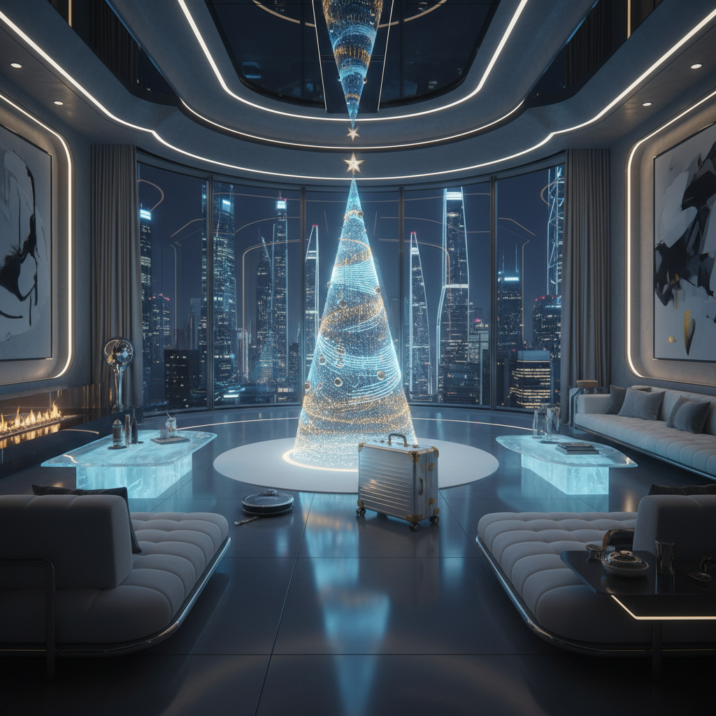 Un salón de lujo moderno con grandes ventanales que muestran una ciudad nocturna llena de rascacielos. En el centro, un árbol de Navidad futurista iluminado con luces azules y doradas. El espacio cuenta con sofás blancos, mesas de centro luminosas y arte abstracto en las paredes.} {