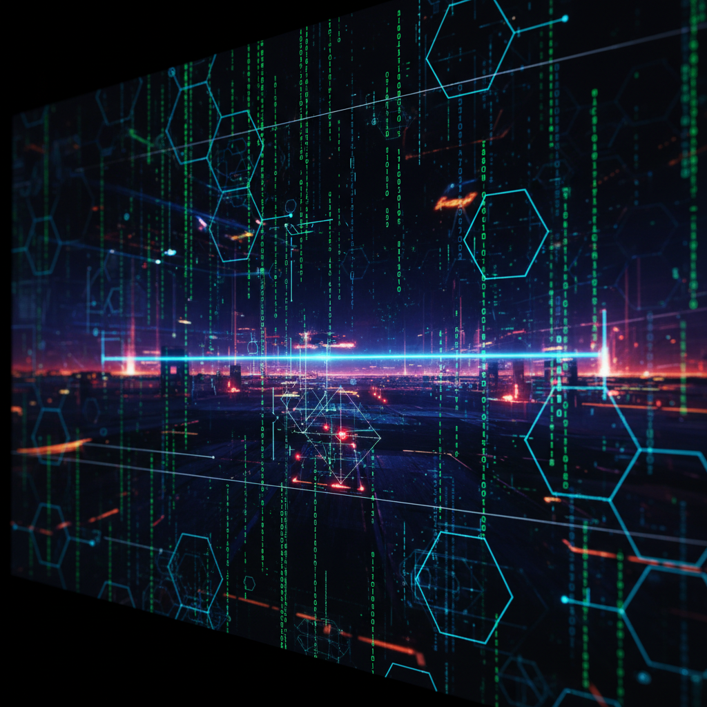 Paisaje futurista con una ciudad digital de fondo, un horizonte azul brillante en primer plano y una superposición de código binario verde y patrones geométricos de red azules.