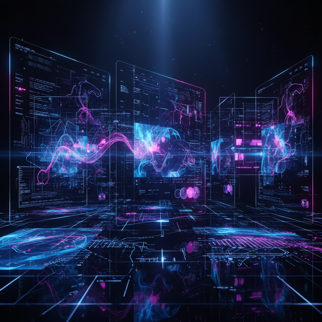 Interfaz digital futurista con múltiples pantallas transparentes que muestran datos, código y gráficos abstractos, conectados por ondas de luz azul y rosa, en un entorno de ciberseguridad o big data.