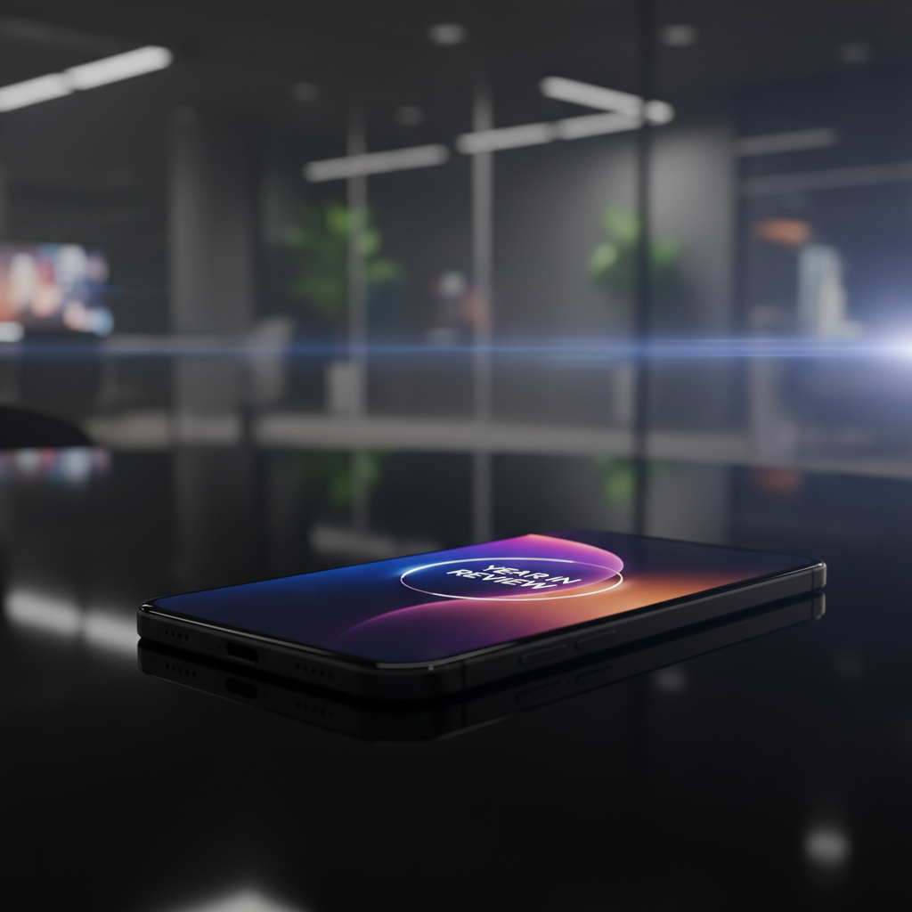 Smartphone negro con la pantalla encendida mostrando las palabras 'YEAR IN REVIEW' en un diseño circular colorido, sobre una mesa oscura y reflectante. Al fondo, se distingue una oficina moderna y desenfocada con luces lineales y un fuerte destello de luz lateral.
