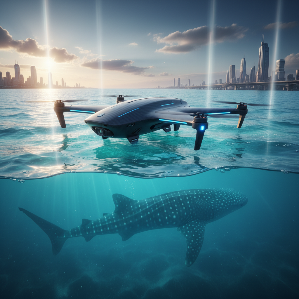 Un drone moderno de color oscuro con luces azules flota parcialmente sumergido en la superficie del agua. Debajo del agua, un tiburón ballena con manchas blancas nada en el océano. Al fondo, se divisa una ciudad con rascacielos y un puente bajo un cielo con el sol poniente.
