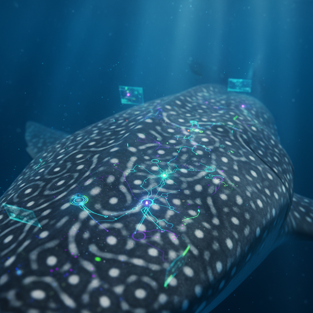 Primer plano de una ballena tiburón con su piel de patrones de manchas, mostrando una red luminosa de líneas y nodos interconectados de colores neón en su lomo, bajo el agua azul con rayos de luz solar filtrándose desde la superficie.