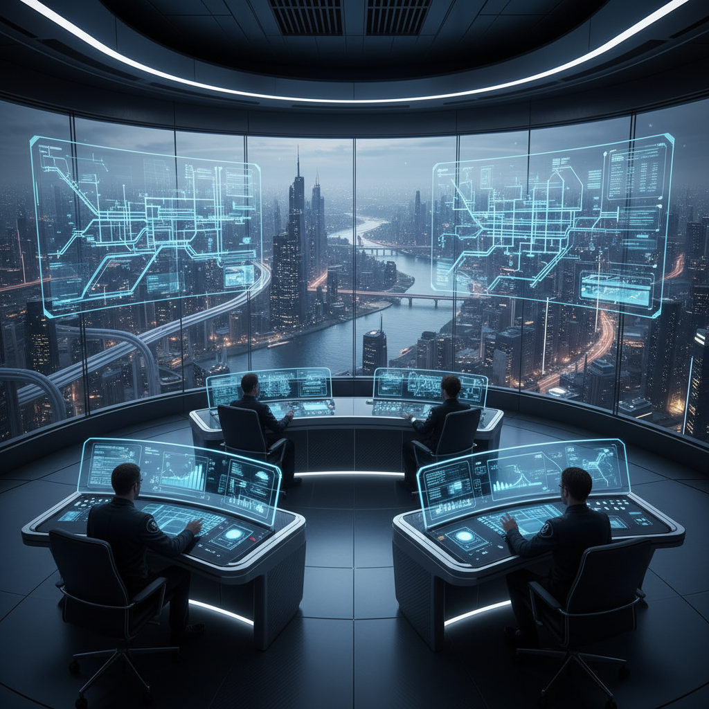Sala de control futurista con cuatro operadores sentados frente a mesas con pantallas táctiles holográficas, observando información proyectada sobre una gran ventana curva con vistas a una ciudad moderna iluminada por la noche, con rascacielos, un río y puentes.