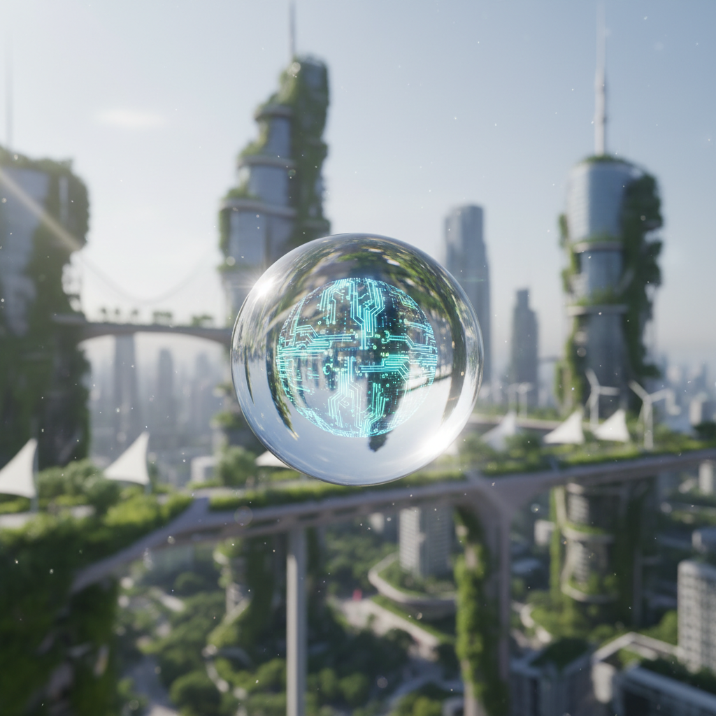 Esfera de cristal con cerebro de circuito luminoso flotando sobre una ciudad futurista y sostenible. La ciudad tiene rascacielos verdes, puentes elevados y molinos de viento.