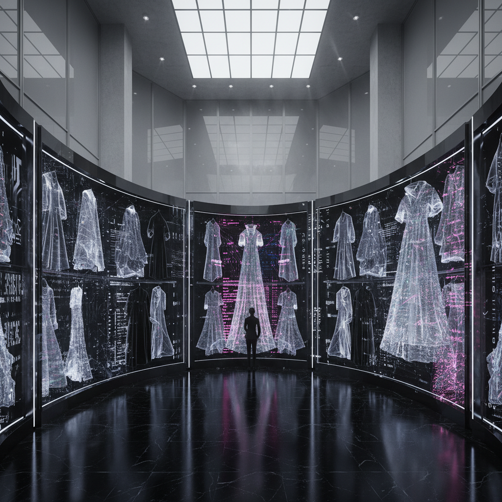 Una persona de pie en una sala de exposición moderna con pantallas curvas que muestran vestidos digitales holográficos en tonos blancos y púrpuras sobre un fondo oscuro.