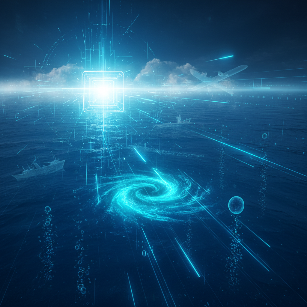 Imagen futurista de un vasto océano azul con un portal de luz digital central que emite rayos y flujos de datos. Se observan siluetas translúcidas de barcos en la superficie y un avión en el cielo, junto a una espiral de energía luminosa y burbujas digitales en el agua.