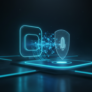 Una mujer sostiene un dispositivo inteligente con la pantalla mostrando una interfaz de usuario para seleccionar un vehículo de reparto. Hay un mapa con marcadores y opciones de personalización del servicio, como tipo de vehículo y hora.