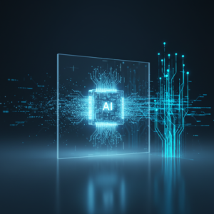 Un hombre joven con gafas sonríe mientras escribe en una laptop abierta, sentado en una oficina moderna y luminosa.