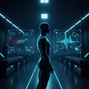 Hombre en camisa azul de pie presentando frente a una gran pantalla que muestra gráficos y diagramas de datos en una sala de conferencias.