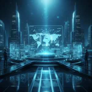 Un equipo de profesionales diversos colaborando en una oficina moderna, interactuando alrededor de una mesa con laptops y un monitor grande en la pared.