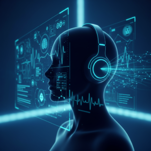 Una mujer sonriente en un entorno de oficina, llevando una camisa blanca, un blazer azul marino y un reloj de pulsera dorado. Está sentada en un escritorio blanco con un ordenador portátil abierto frente a ella y tiene una pila de documentos y un bolígrafo en la mano. La luz es suave y natural.