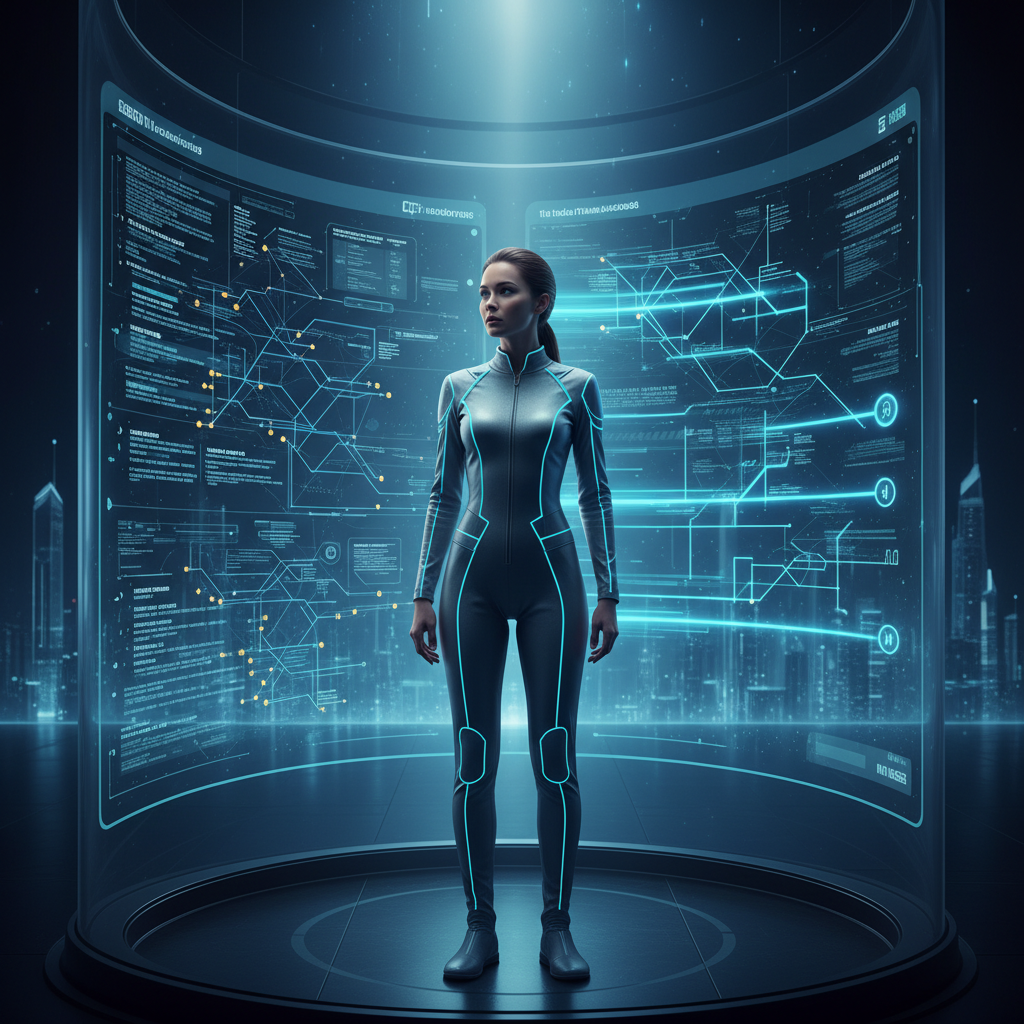 Una persona sentada en una silla, de espaldas, observando un panel de control con múltiples pantallas que muestran gráficos y datos.