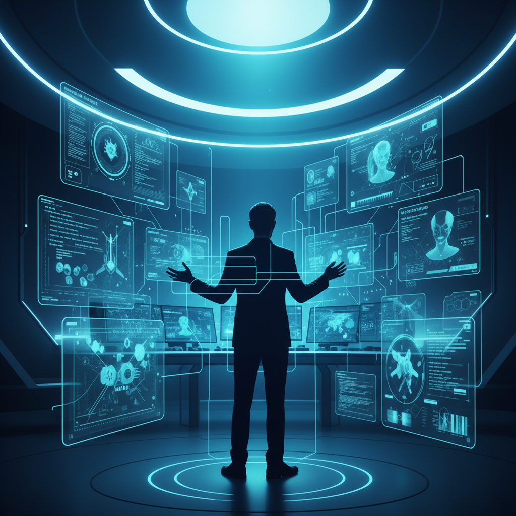 Hombre con un blazer azul y camisa blanca sonriendo y gesticulando mientras habla, en un fondo borroso de oficina.} {