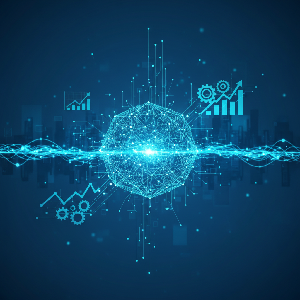 Esfera geométrica azul brillante interconectada con líneas y puntos, representando una red de datos o inteligencia artificial. Alrededor hay gráficos de barras de crecimiento, engranajes y ondas de datos sobre un fondo urbano abstracto.