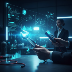 Un grupo de cuatro profesionales, dos hombres y dos mujeres, colaborando alrededor de una mesa de reuniones, observando una tablet y discutiendo.