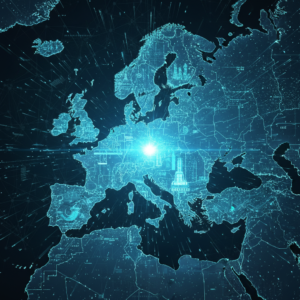 Mujer joven concentrada trabajando en un portátil en un escritorio de una oficina moderna y luminosa.