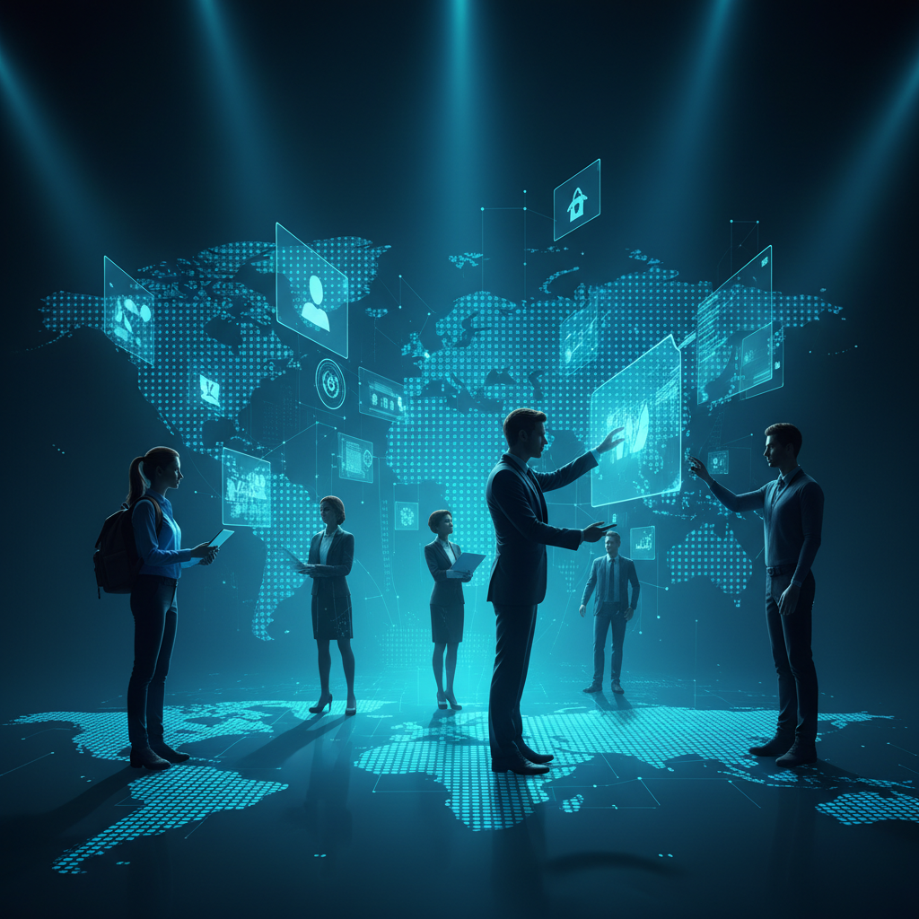 Una mujer con gafas, cabello oscuro recogido y una camisa blanca de rayas azules, sonríe y sostiene un documento mientras escribe en una laptop abierta.