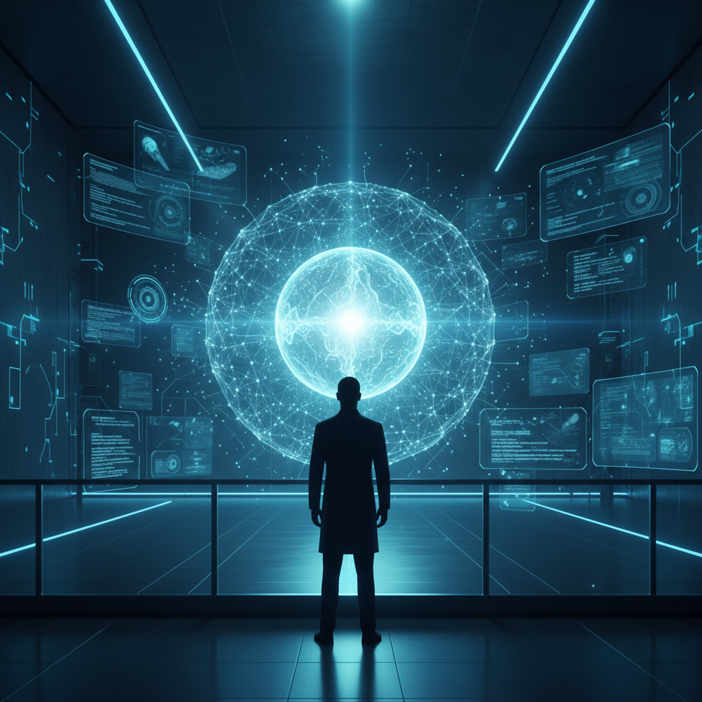 Mujer sonriente con auriculares trabajando en una oficina moderna y luminosa.