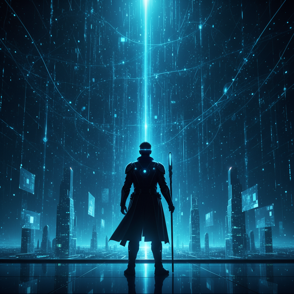 Una mujer con gafas, vestida con un top azul y una chaqueta blanca, sostiene un teléfono móvil y señala la pantalla con su dedo, mirando a la cámara con una sonrisa.