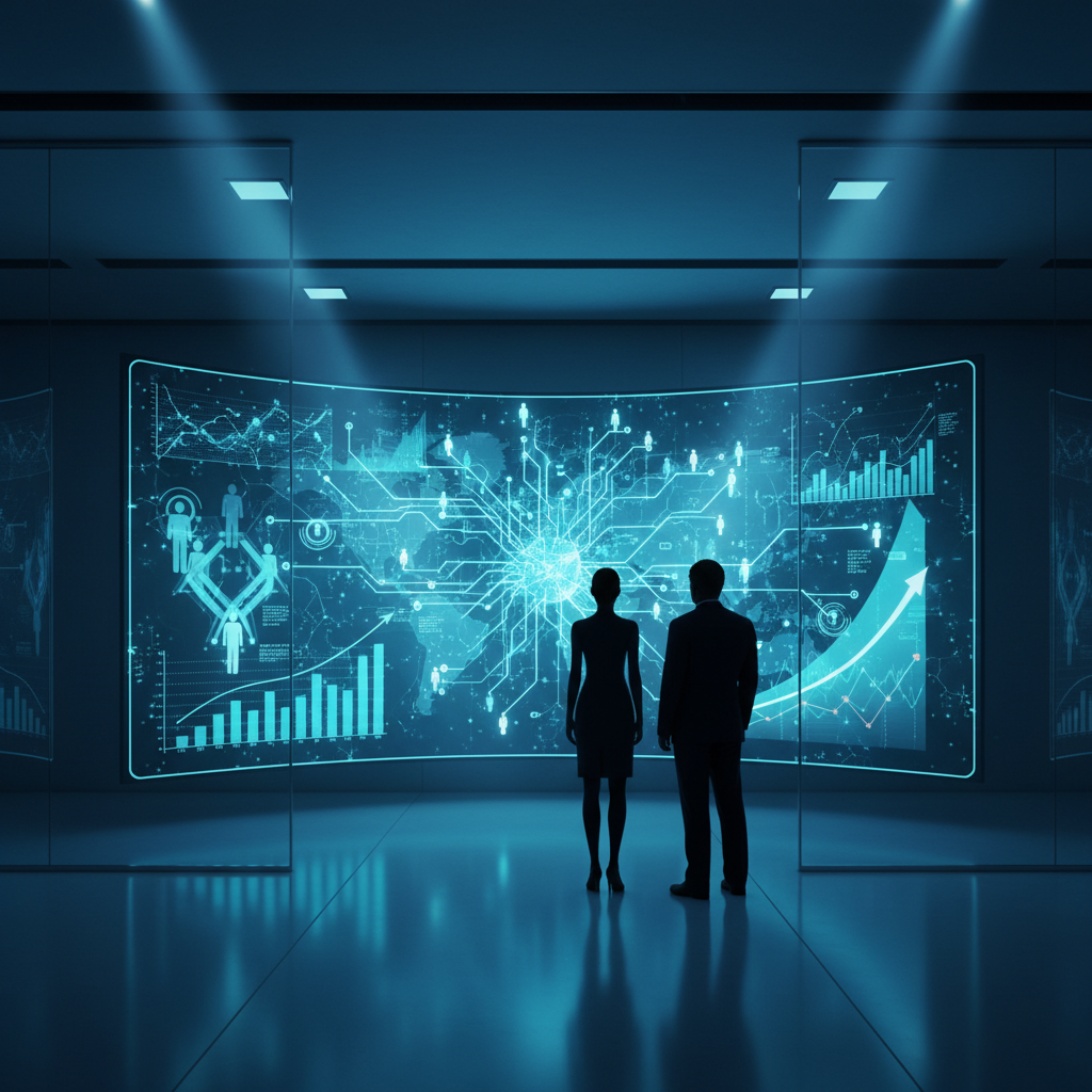 Perro robot blanco con detalles azules sentado sobre un suelo de madera, con un fondo de sala de estar difuminado.