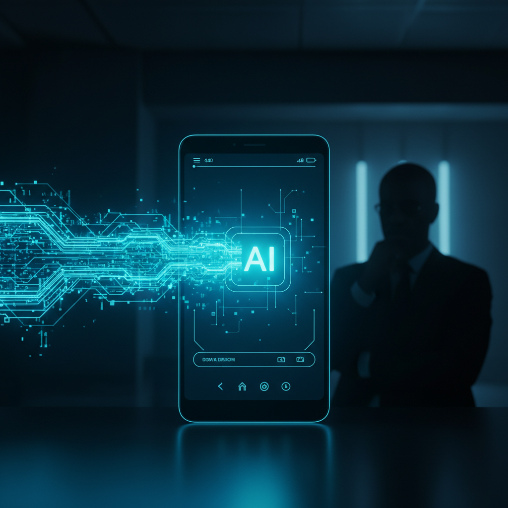 Una mujer joven sonriendo, sujetando un teléfono móvil y mirando su pantalla en un entorno urbano.