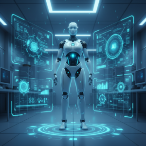 Un grupo de profesionales diversos colaborando en una oficina moderna, mirando una laptop y discutiendo documentos sobre una mesa.