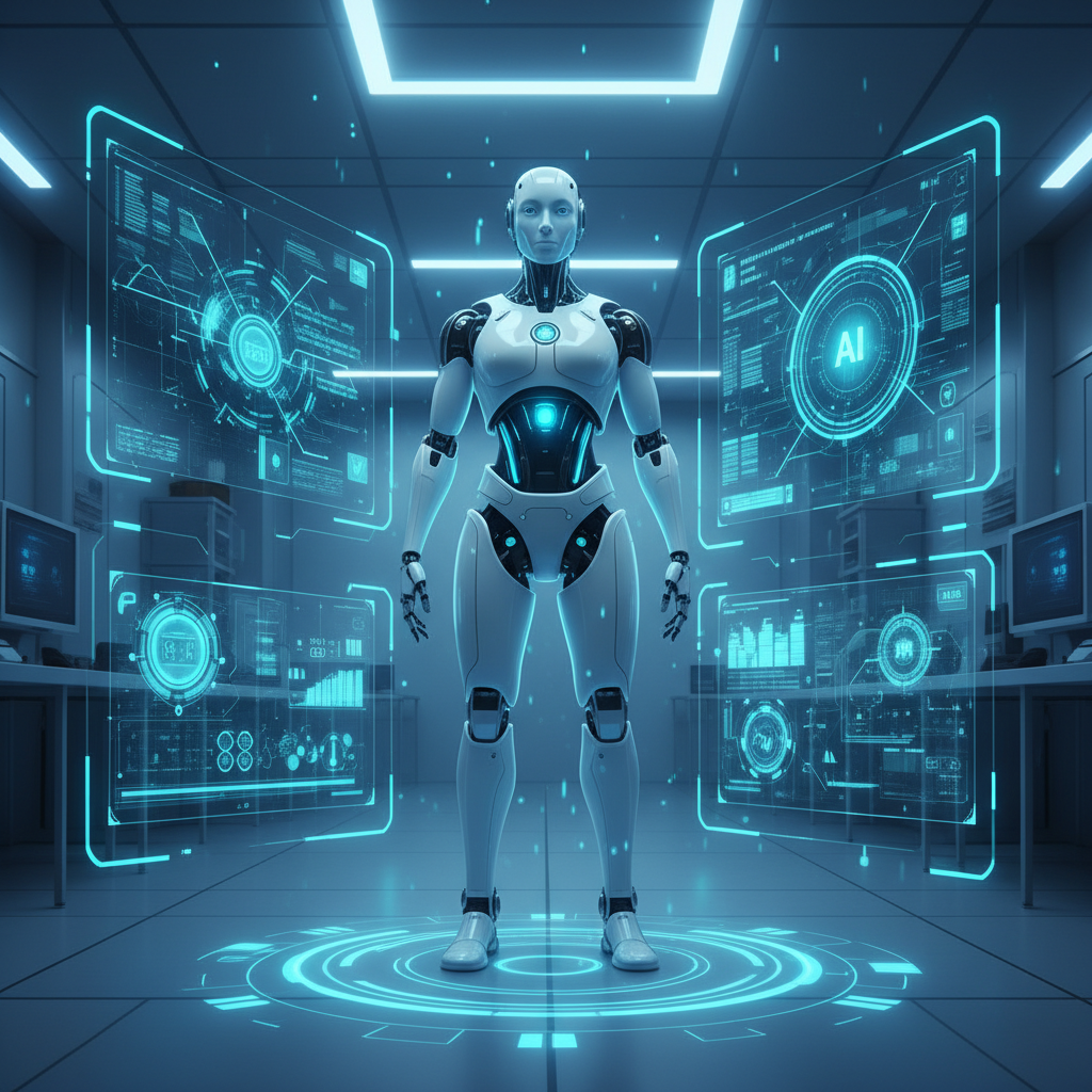 Un grupo de profesionales diversos colaborando en una oficina moderna, mirando una laptop y discutiendo documentos sobre una mesa.